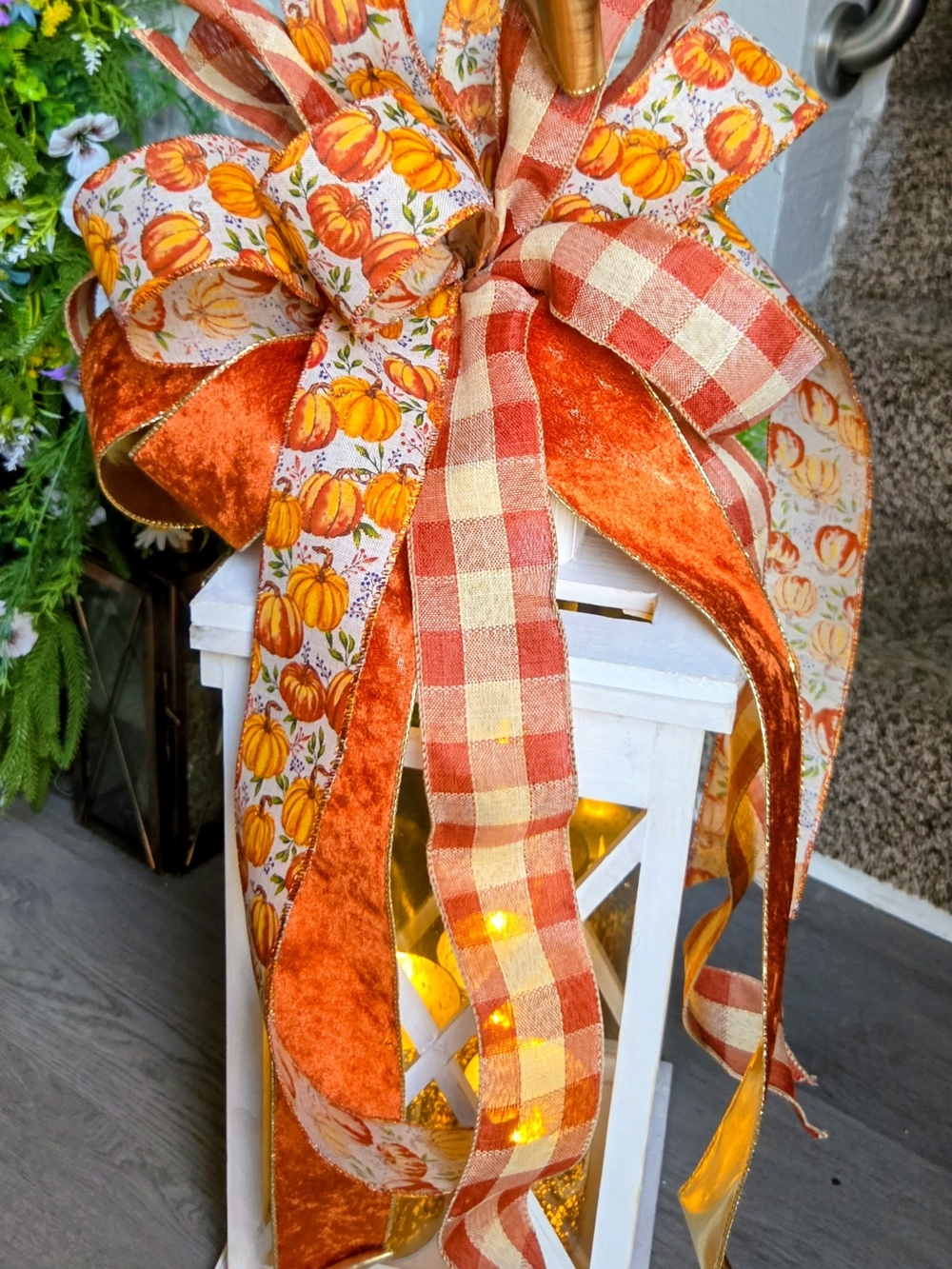Fall Pumpkin Ribbon Lantern Bow - Orange Plaid & Pumpkin Print